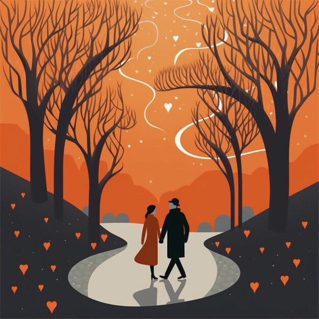 Photo a couple walking down a path in the woods at sunset generative ai