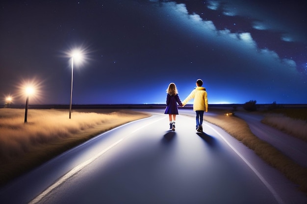 A couple walking down a road holding hands