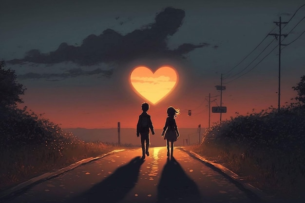 A couple walking down a road with a heart shaped sign in the background