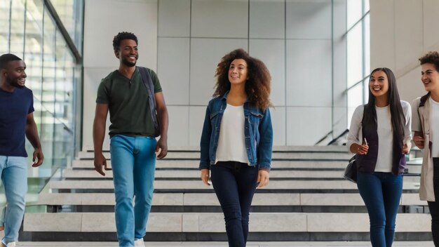 a couple walking down a stairs with a man and woman