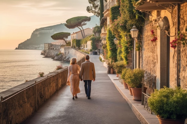 Couple walking down a street in italy