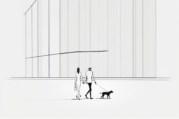 Couple walking down the street with a dog Created with generative AI technology