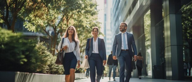 Photo a couple walking down a street with a man holding a bag and a woman in a suit