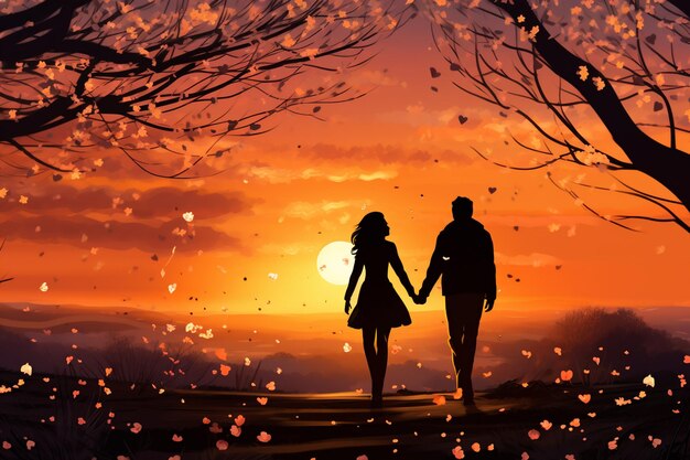 Photo couple walking during golden sunset created with generative ai