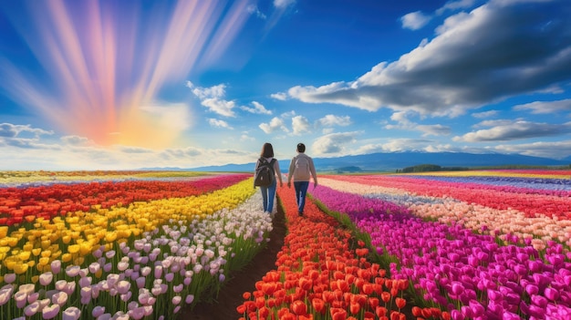 a couple walking in a field of flowers with the sun behind them.