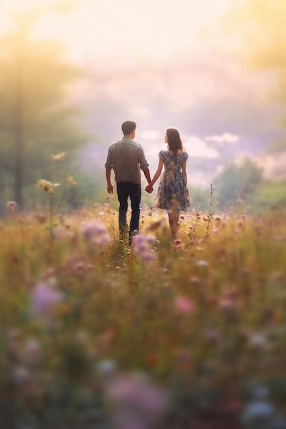 A couple walking in a field of flowers