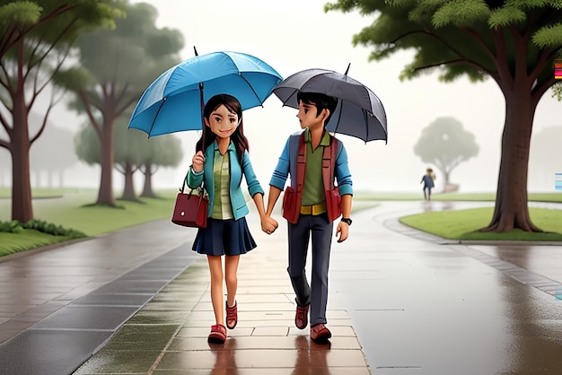 Couple walking on footpath in rain