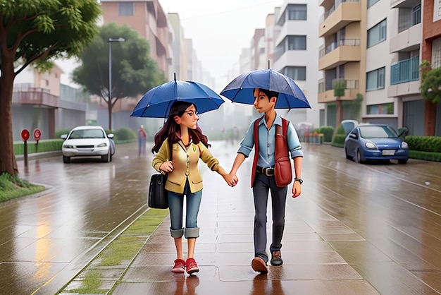 雨の中 ⁇ 歩道を歩いているカップル