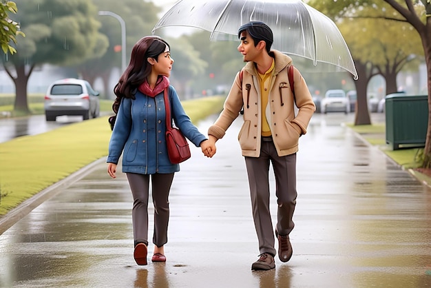 Couple walking on footpath in rain