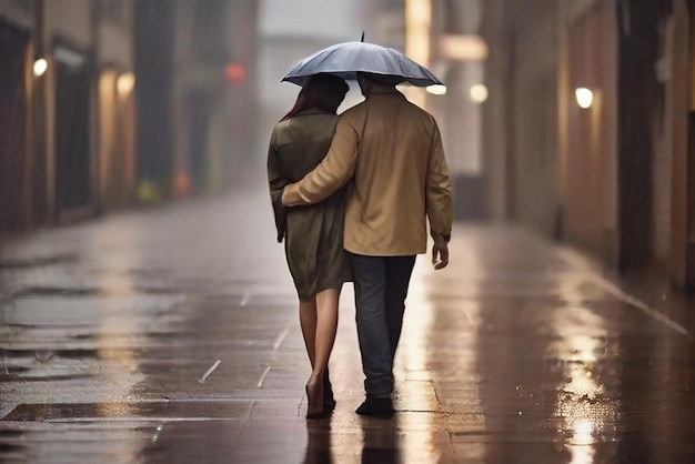 Couple walking on footpath in rain