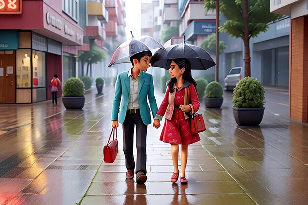 Couple walking on footpath in rain