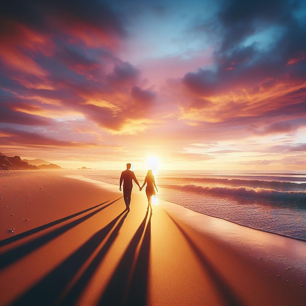 夕暮れのビーチで手をつないで歩いているカップル