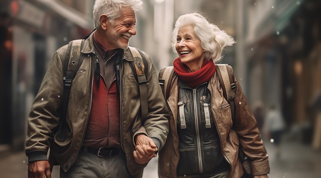 A couple walking hand in hand holding hands smiling holding hands and looking at each other