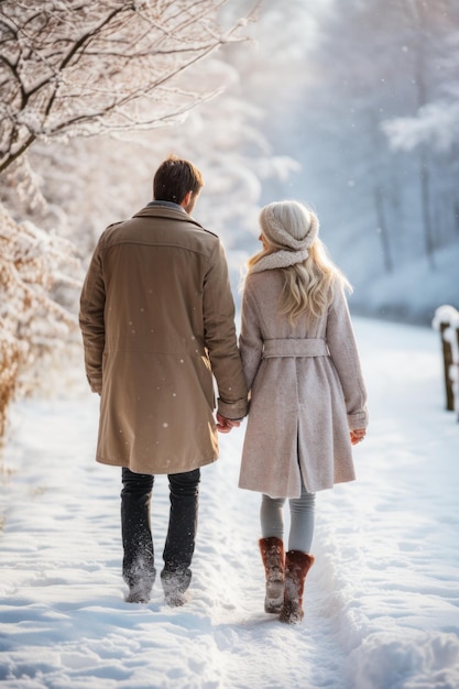 Photo couple walking hand in hand in the snow