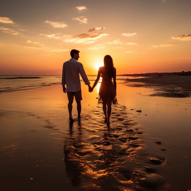 Пара, идущая рука об руку по пляжу на закате