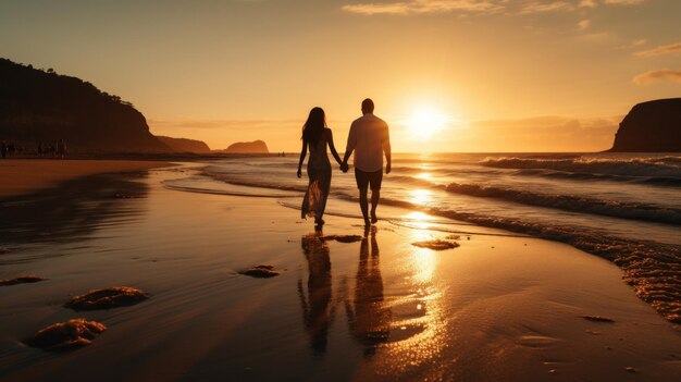 Couple walking handinhand on a beach at sunset