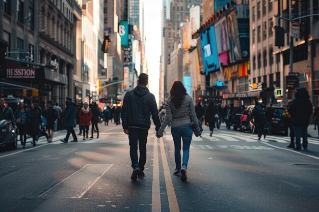 Photo a couple walking handinhand down a city street