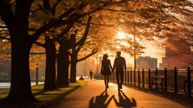 写真 秋に公園で散歩するカップル