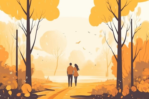 A couple walking in a park with yellow leaves on the ground.