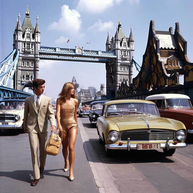 Photo a couple walking past a classic car with a license plate that says  london