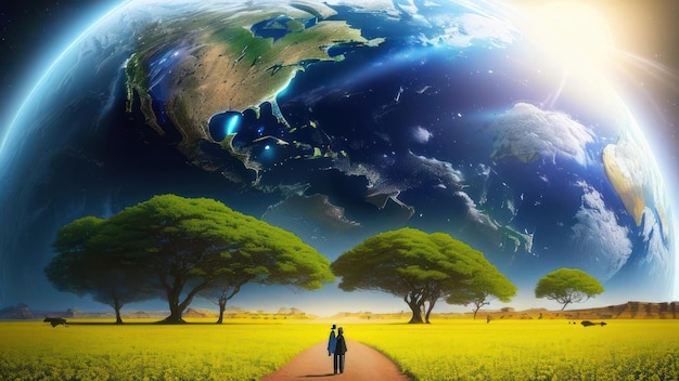 A couple walking on a path with the earth in the background