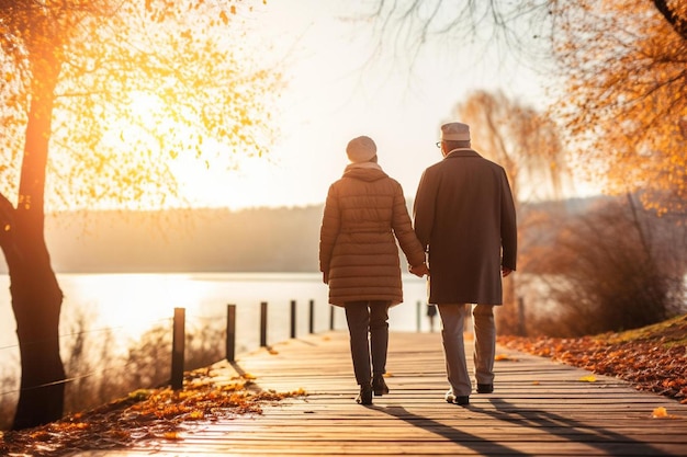 a couple walking on a pier in autumn