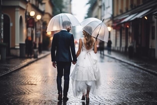 a couple walking in the rain under umbrellas