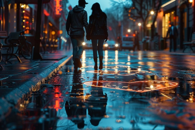 Photo a couple walking in the rain with a reflection of a street in the water