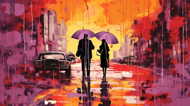 Пара гуляет под дождем с зонтами