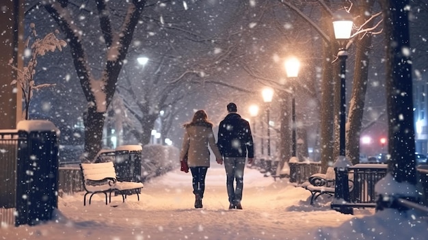 A couple walking in the snow