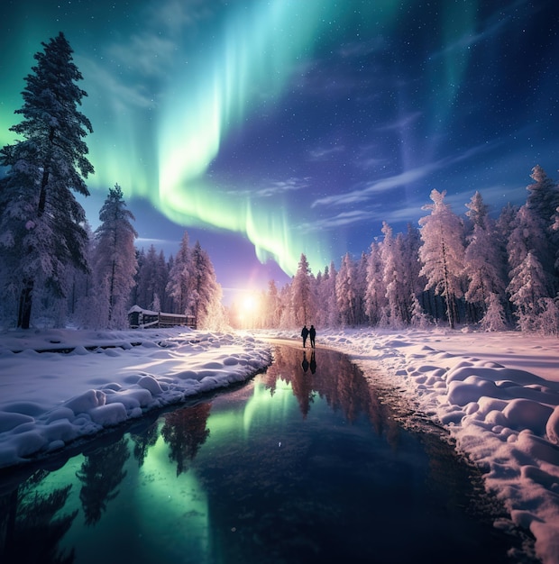 Photo a couple walking in a snowy forest with the aurora in the background.