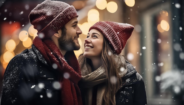 Couple walking on the streets of winter city Christmas and new year concept