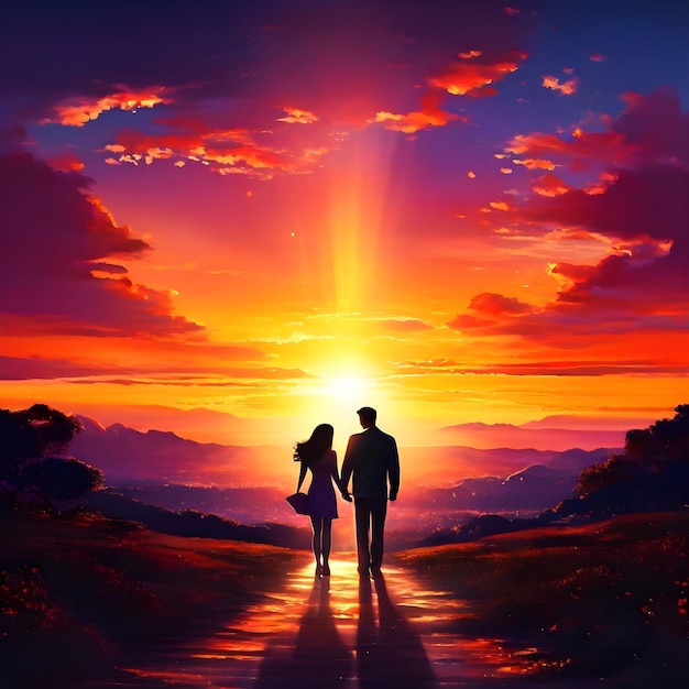 couple walking at sunset ai generated