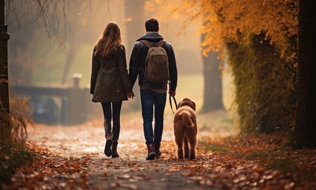 Foto una coppia che fa passeggiate con il cane nel parco d'autunno