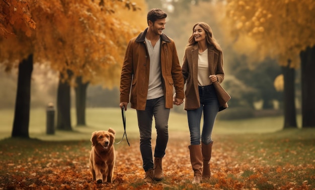 Couple walking their dog in autumn park