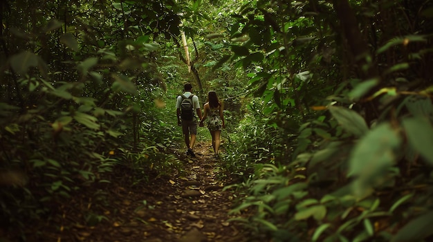 a couple walking through a forest with a man and woman holding hands