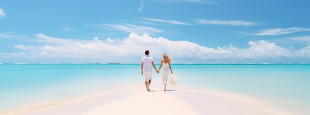 Photo couple walking on a tropical white sandy beach