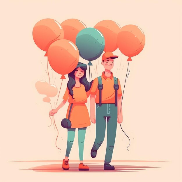 Couple walking with balloons on a pink background