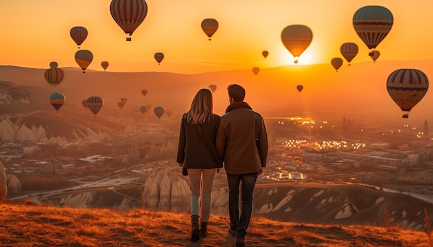 A couple walks in the sunset with hot air balloons in the background