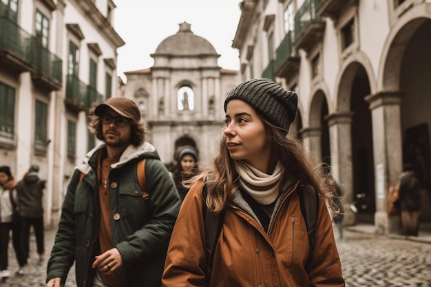 A couple walks through a street in madrid