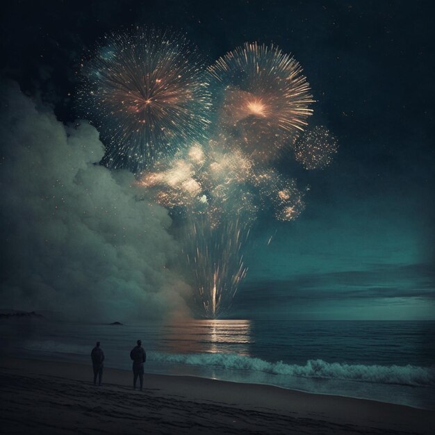 A couple watching fireworks at the beach