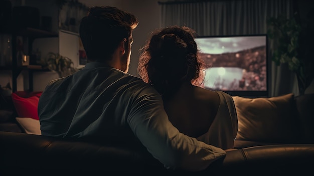 Couple watching a movie together at home People spending time in the evening near TV Generative AI