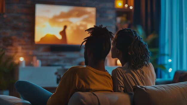 Foto coppia che guarda un film insieme a casa