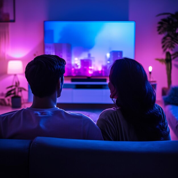 写真 スマートテレビでシリーズを見ているカップル