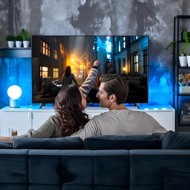 Photo couple watching series in the smart tv