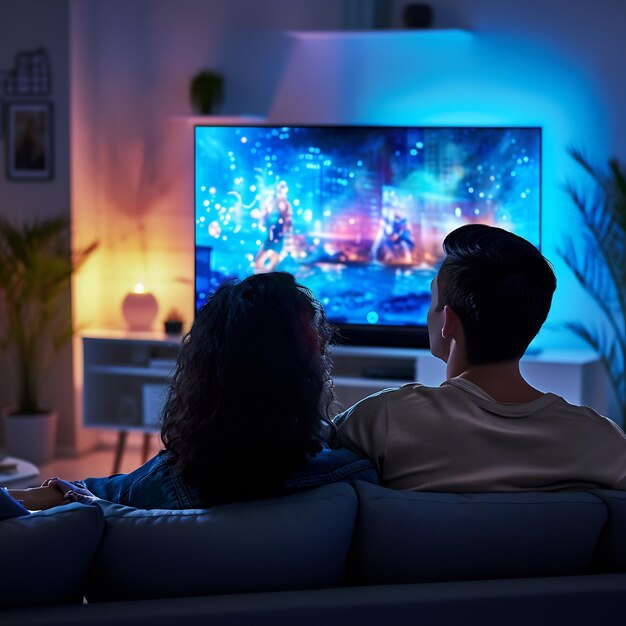 Photo couple watching series in the smart tv