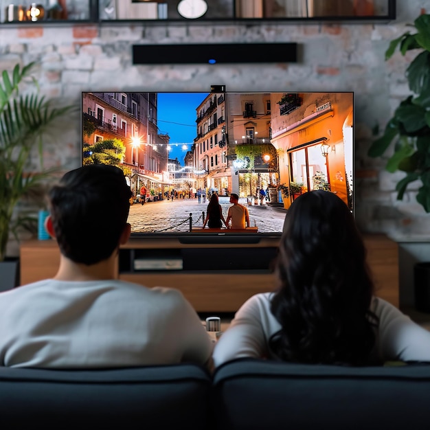 Photo couple watching series in the smart tv