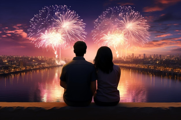 A couple watching a spectacular fireworks display 00061 03