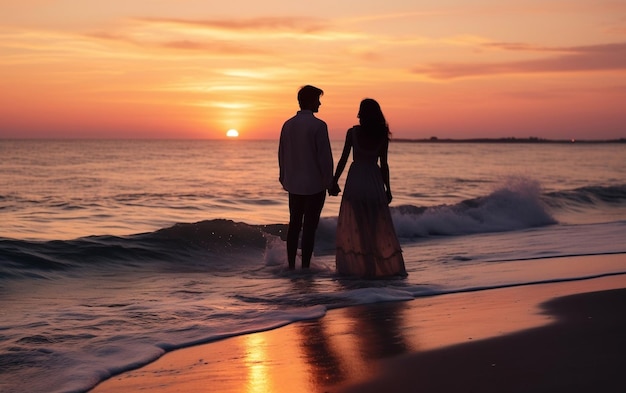 Couple watching at sunset on the beach Generative AI