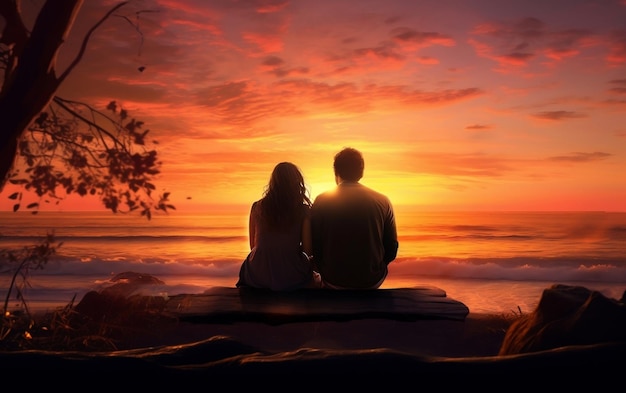 Couple watching at sunset on the beach Generative AI